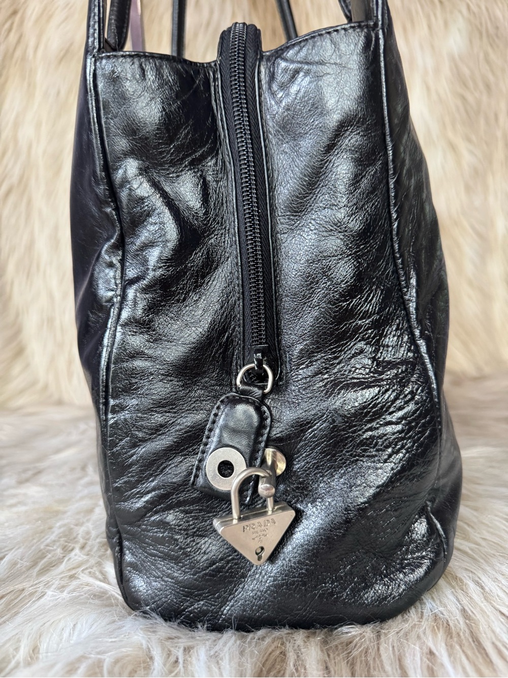 Prada Black Leather Tote with Triangle Logo - Picture 4 of 13